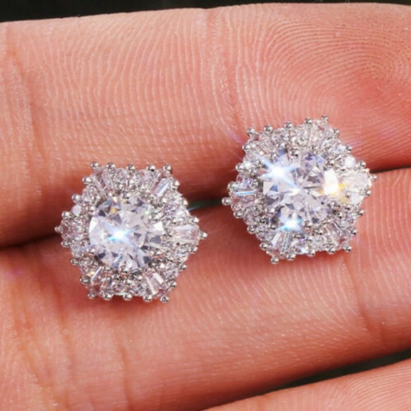 Jewelry - Sterling Silver Diamond Flower Shaped Earrings
